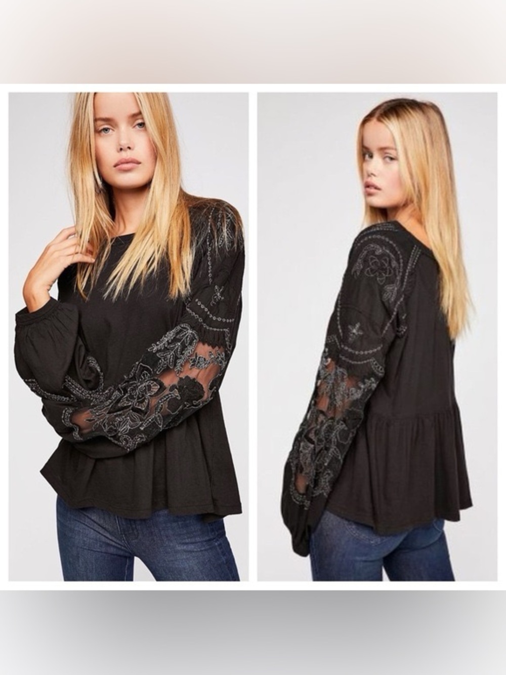 Free People Black Peplum Top with White Floral Embroidery and Mesh Puff Sleeves
